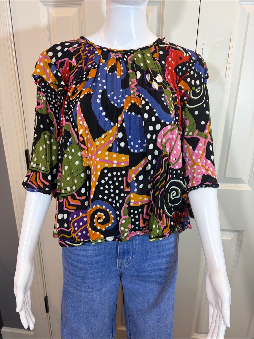 FARM Rio Black Multicolor Abstract Swirl & Dot Blouse